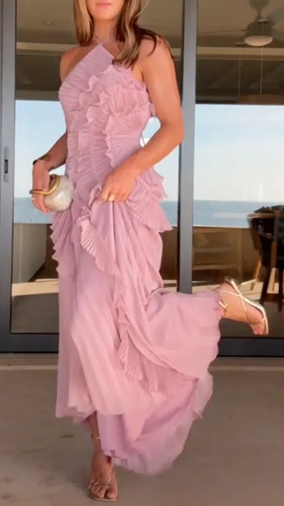 Pleated Ruffle Asymmetrical Hem Halter Neck Maxi Dress