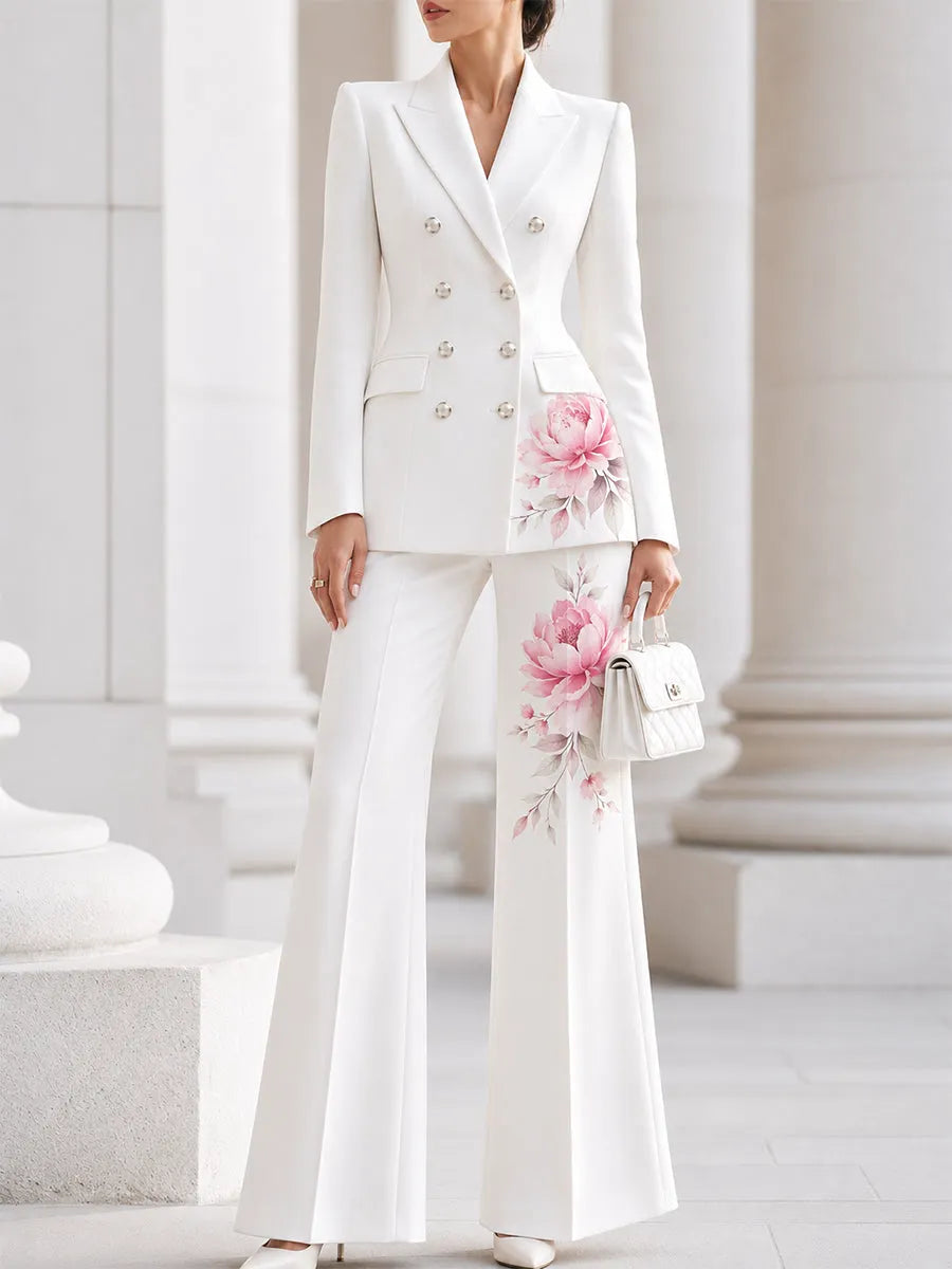 Double-Breasted Blazer & Flared Pants Suit Two-Piece Set