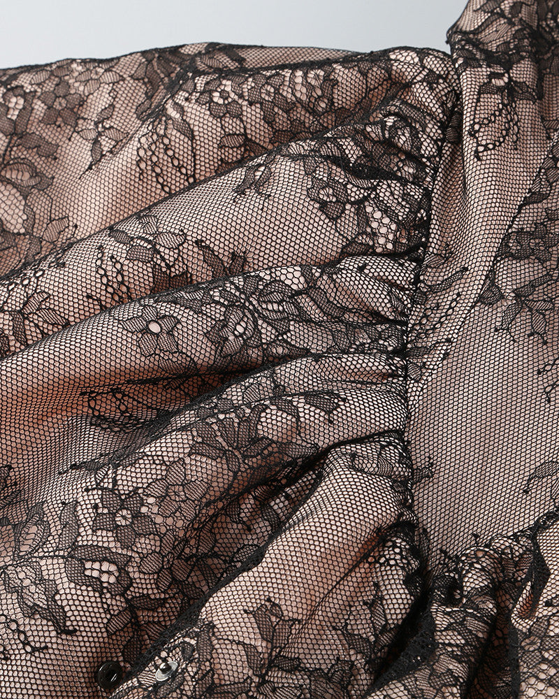 Strapless Floral Lace Puff Dress Taupe