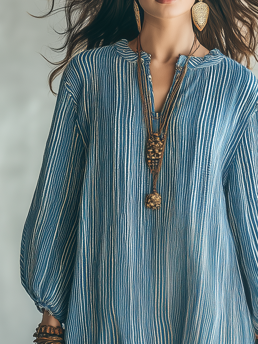 Effortless Blue Striped Balloon Sleeve Mini Dress