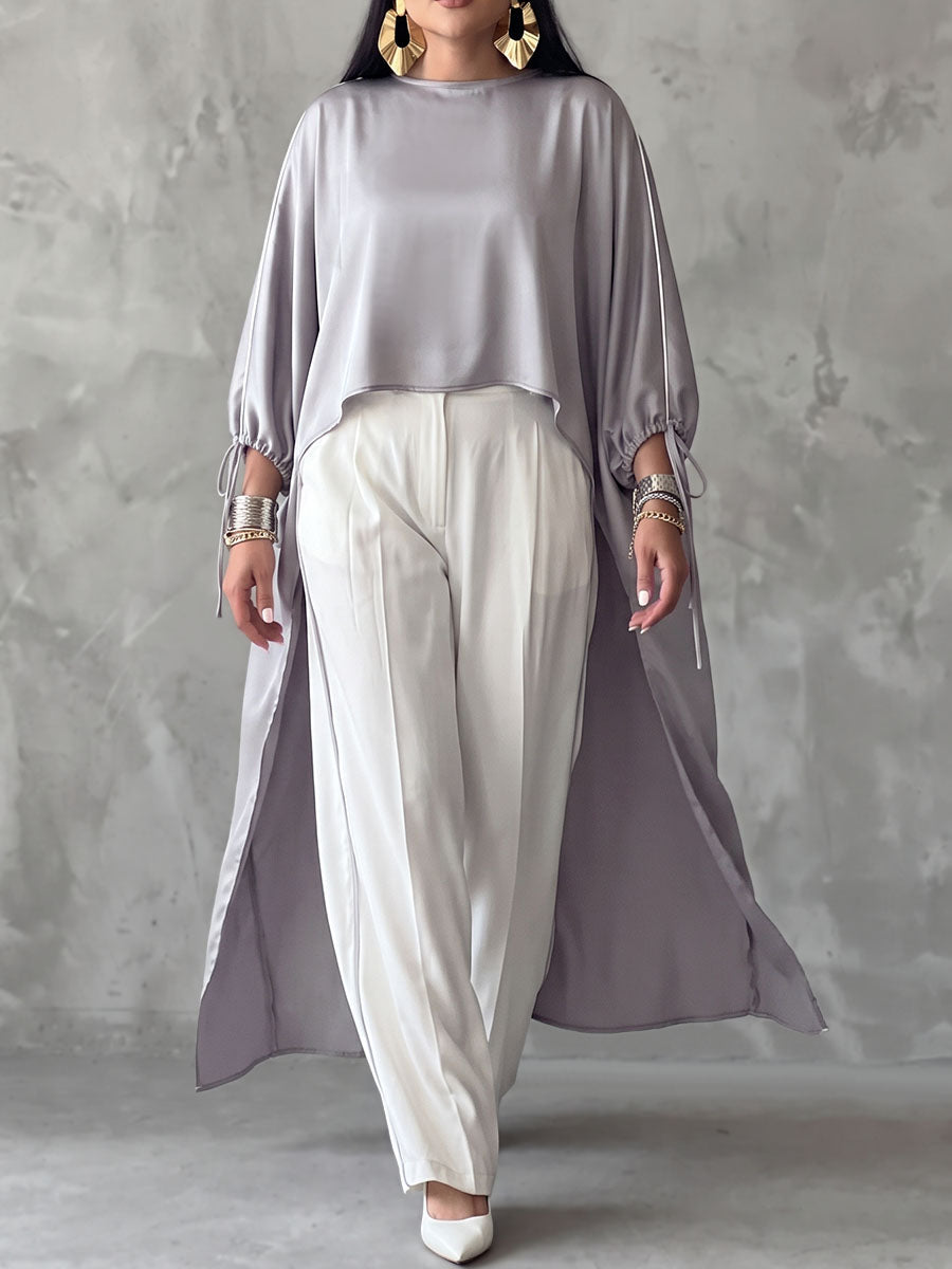 Solid Color Drawstring Loose High-low Round-neck Blouses&shirts Tops