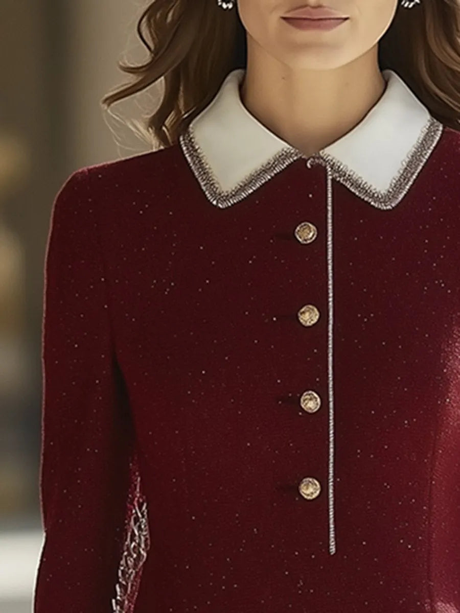 [24-hour shipping out]High-End Retro Luxury Contrast Hem Lapel Dress