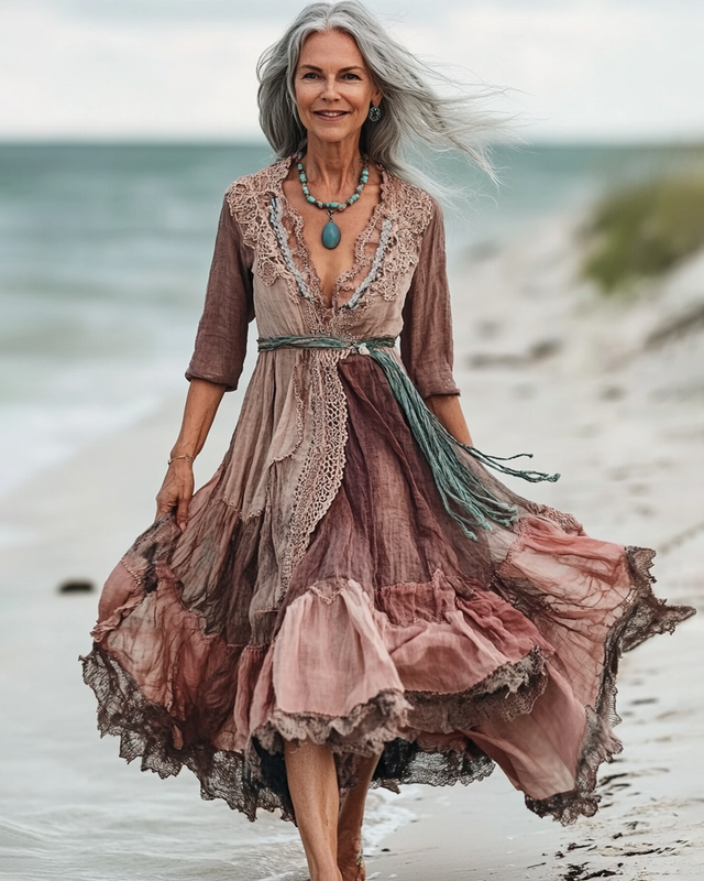 Summer Vacation Seaside Turquoise Beaded Linen Dress e591