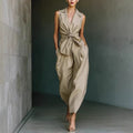 Gurtons Elegant Knot-Waist Sleeveless Jumpsuit - Tailored V-Neck Wide Leg One-Piece