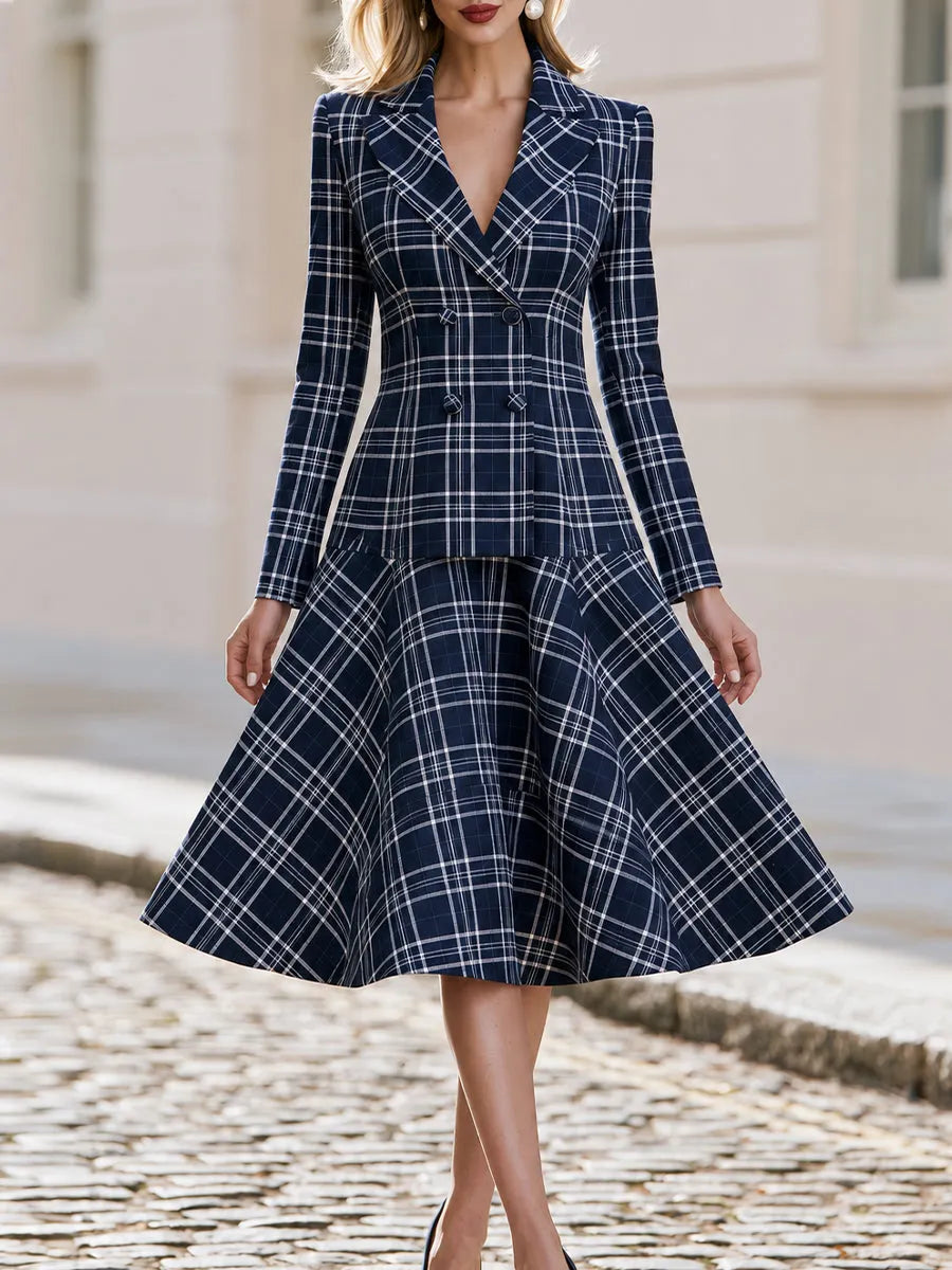 Notched Lapel Double Breasted  Plaid Long Sleeve Fit & Flare Midi Dress