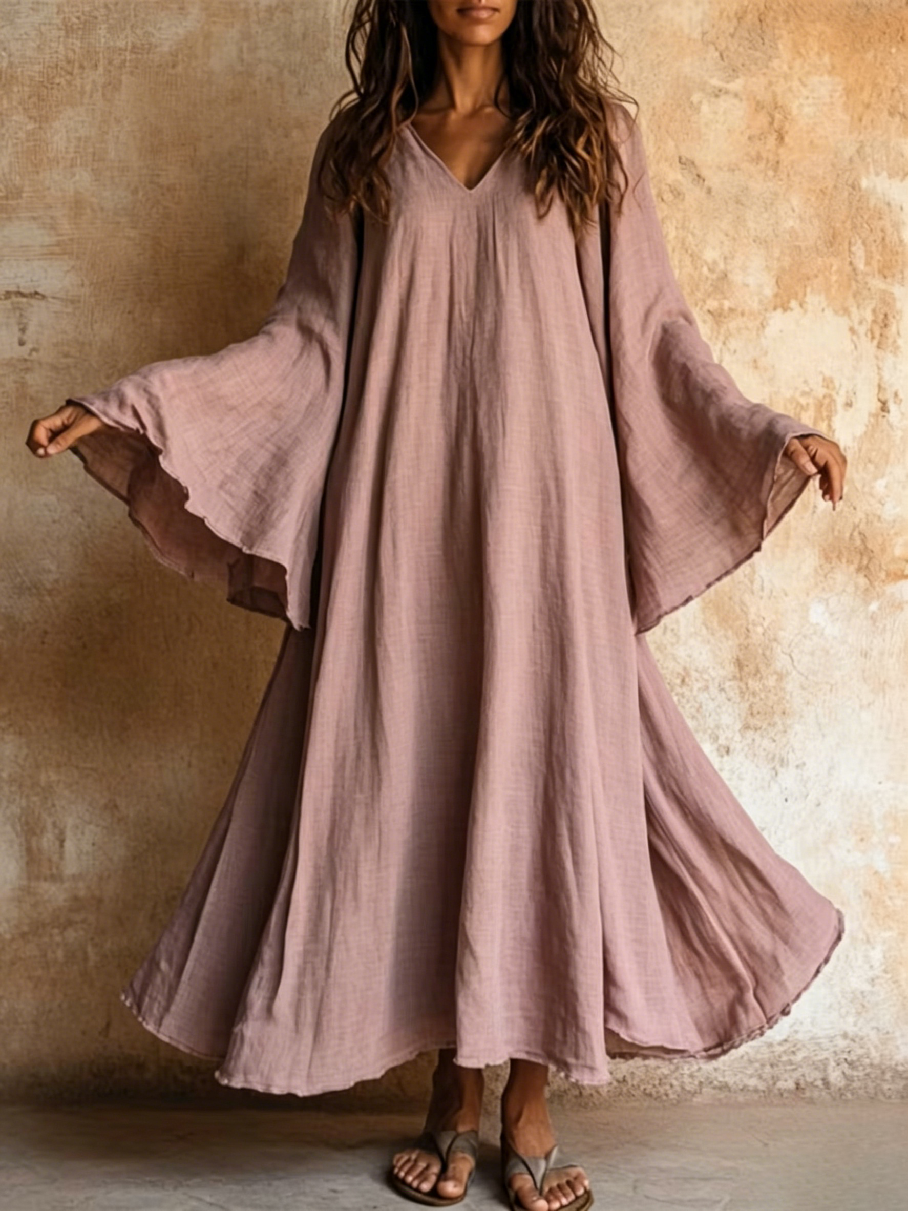 Cotton-Linen Long Dress with Flared Sleeves