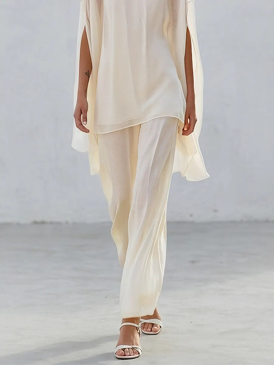 Resort Sheer Kaftan Top With Flowing Wide Leg Trousers Set