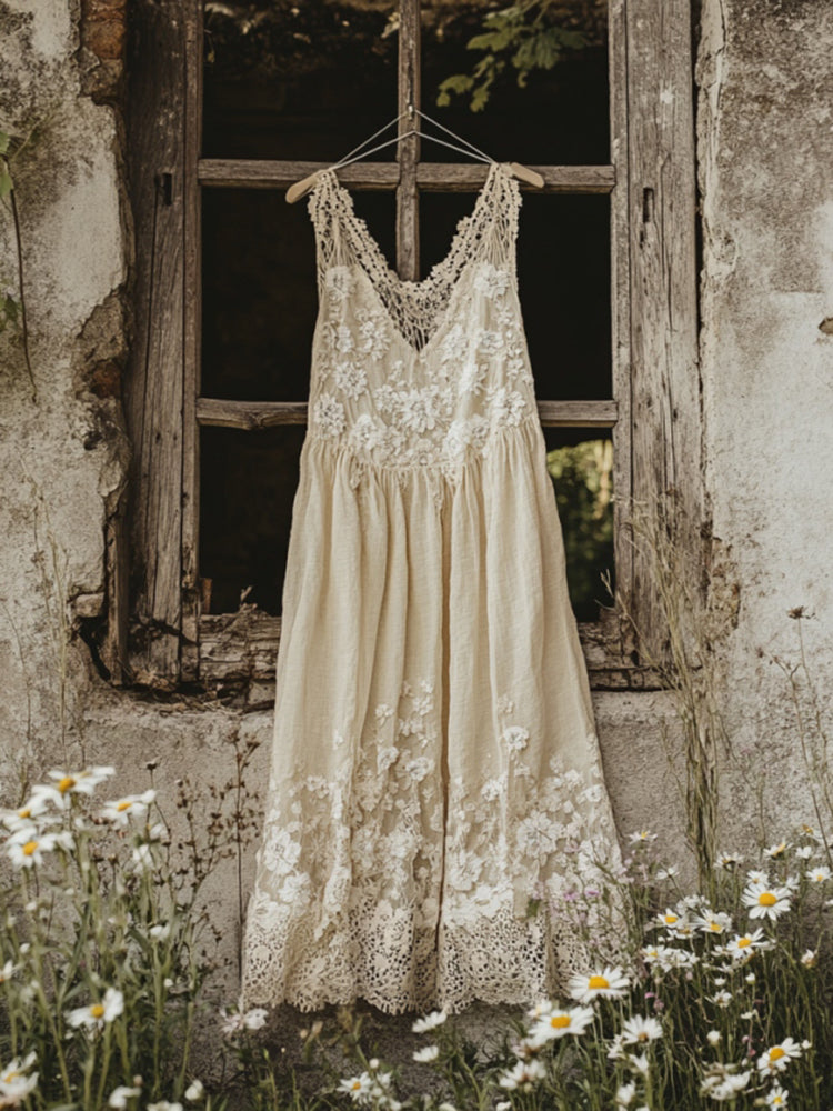 Vintage Floral Lace Art Linen Tank Dress