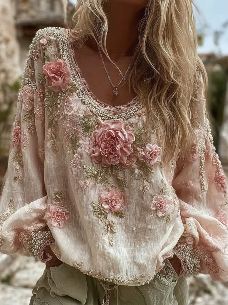 Women's Vintage Pink Roses Embroidery Art Print Round Neck Long Sleeve T-shirt
