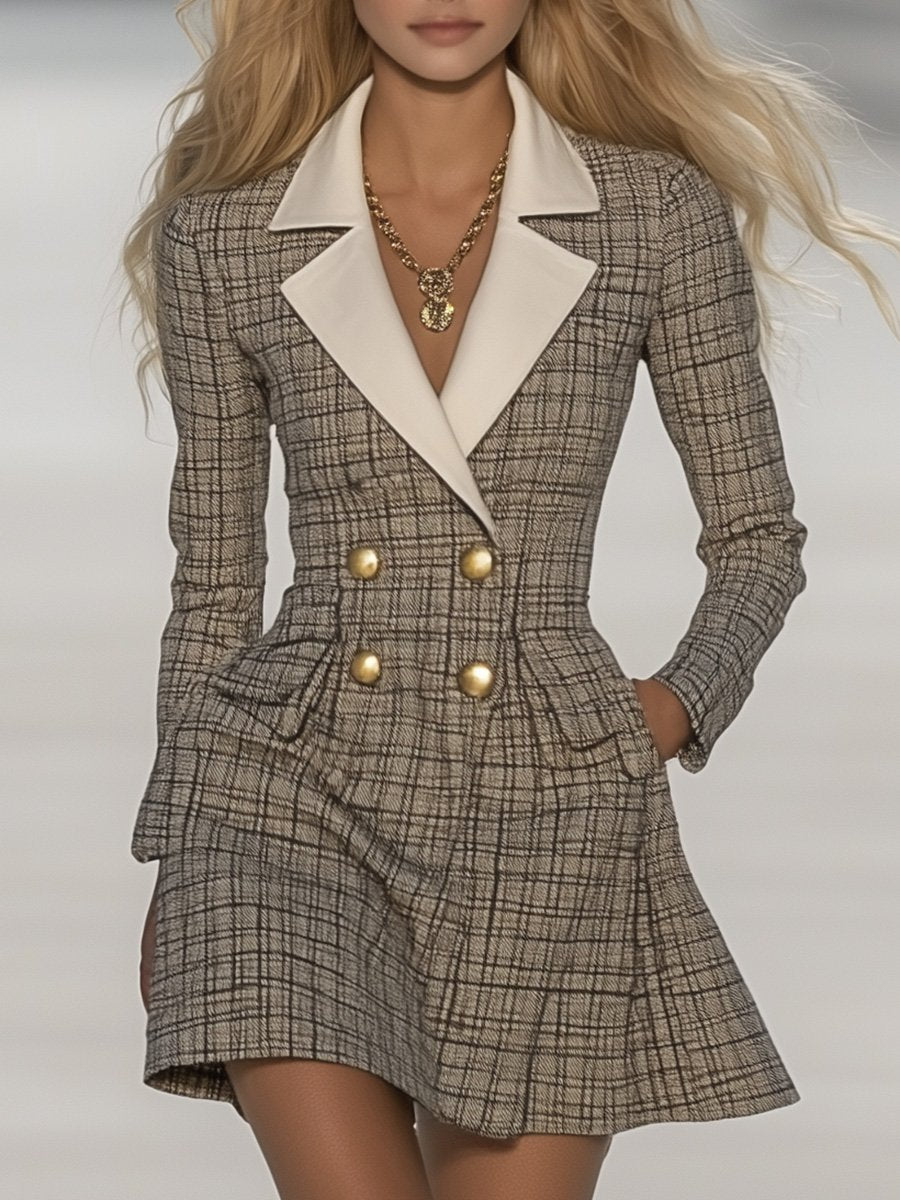 [24-hour shipping out]Classic and Fashionable Contrast Lapel Plaid Mini Dress