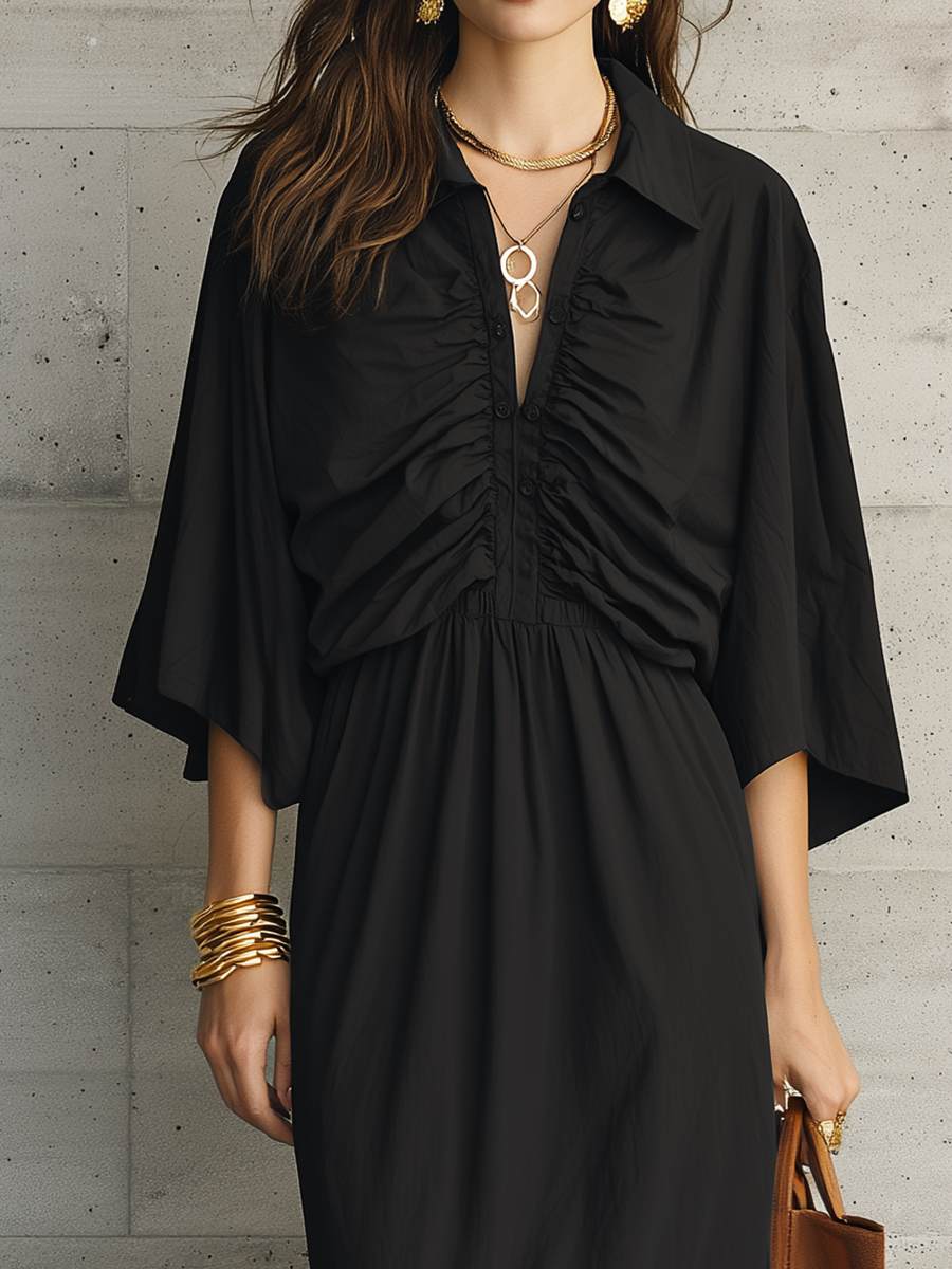 Refined Black Ruched Cape Sleeve Maxi Dress