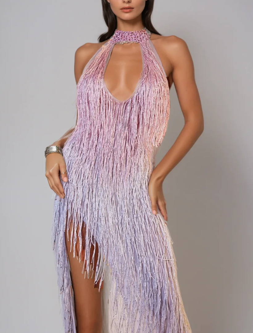 Pink Ombre Halter Neck Fringe Formal Maxi Dress