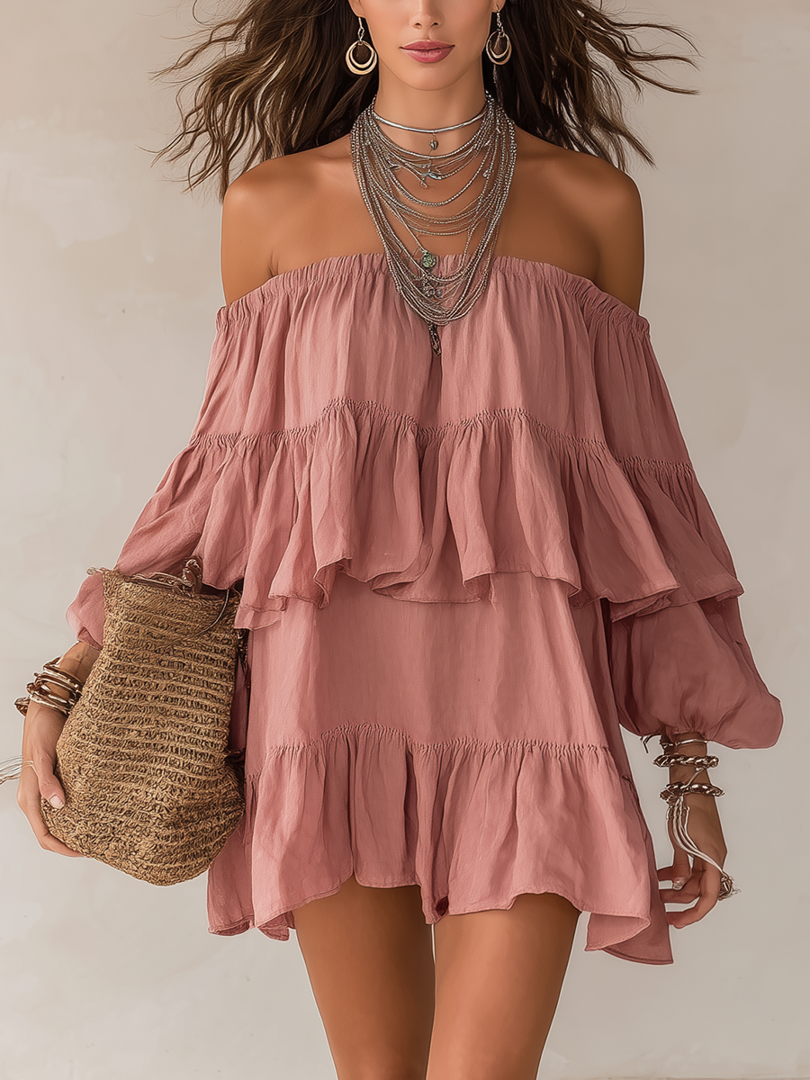 Romantic Dusty Rose Off-Shoulder Ruffle Mini Dress