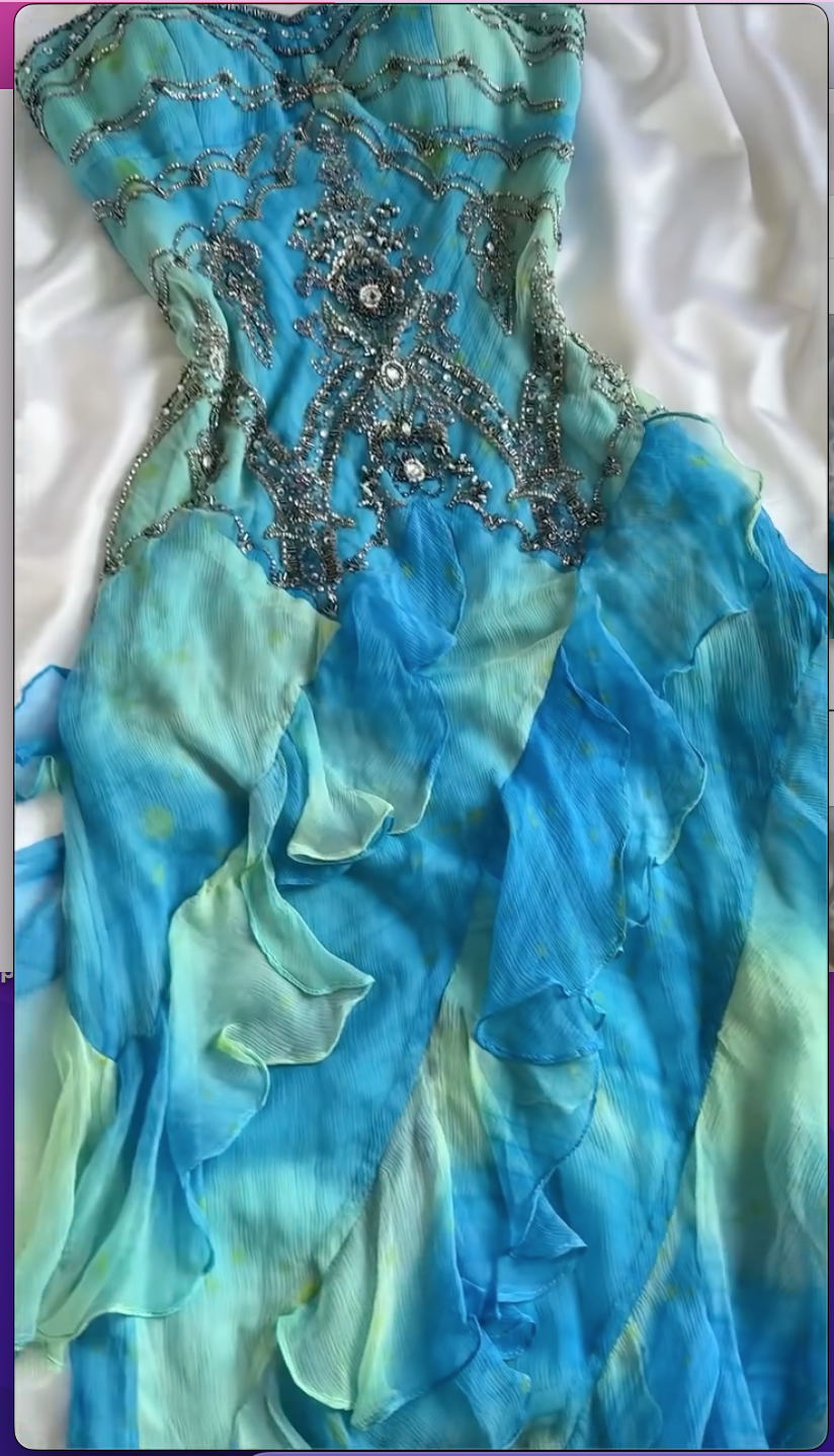 Blue Green Ombre Beaded Strappy Midi Dress
