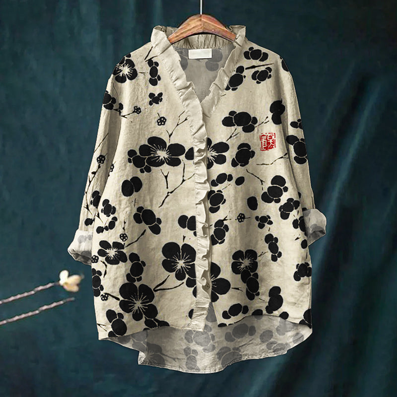 Cherry Blossom Japanese Lino Art Ruffle Trim Linen Blouse