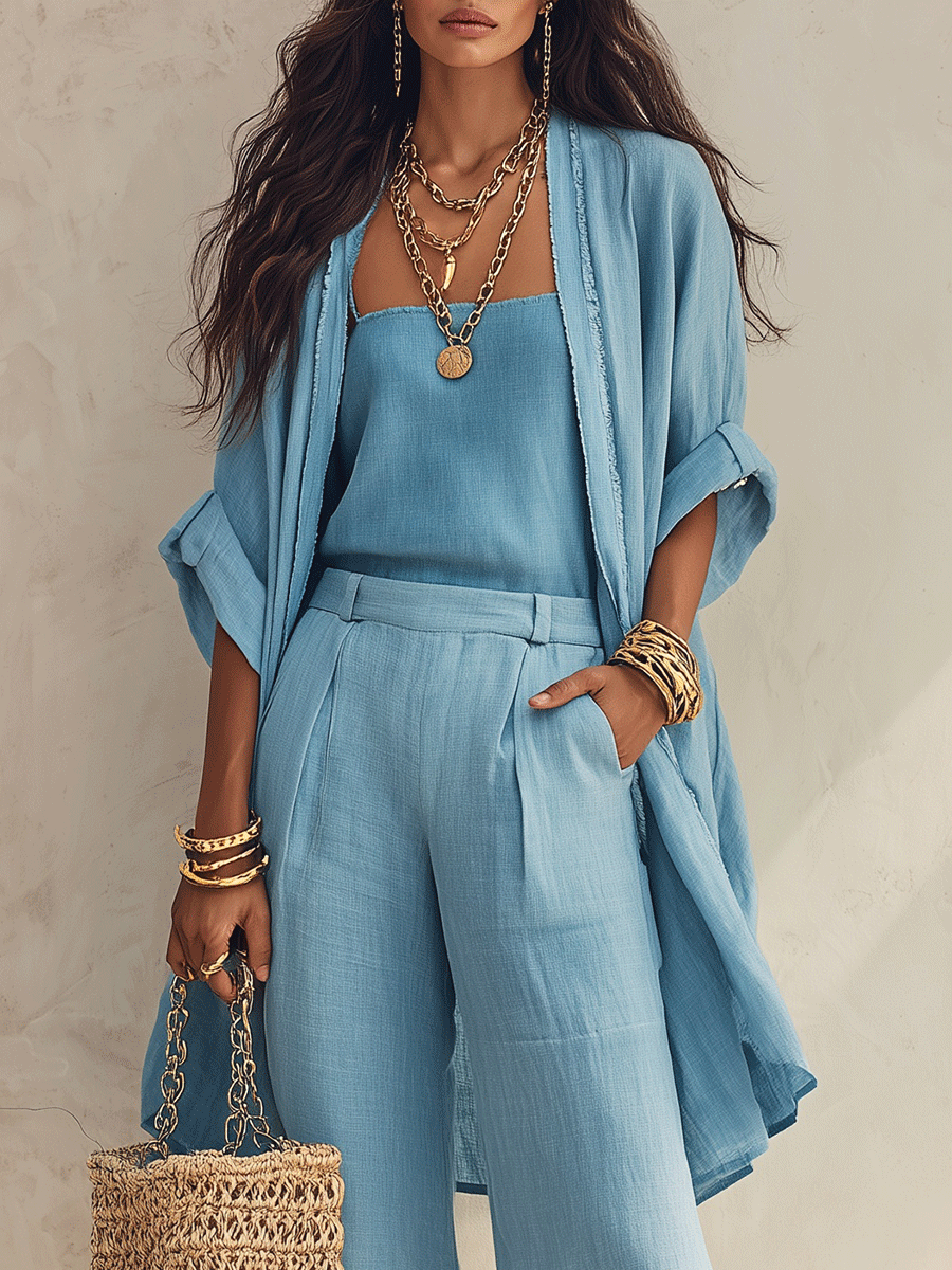 Women's 3-Piece Set Open Front Kimono Cardigan Cami Top Wide Leg Pants Casual Linen Look Outfit
