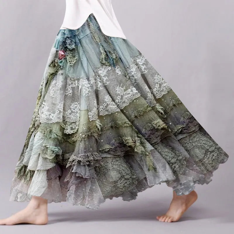 Vintage Boho Lace Flowy Wide Skirt