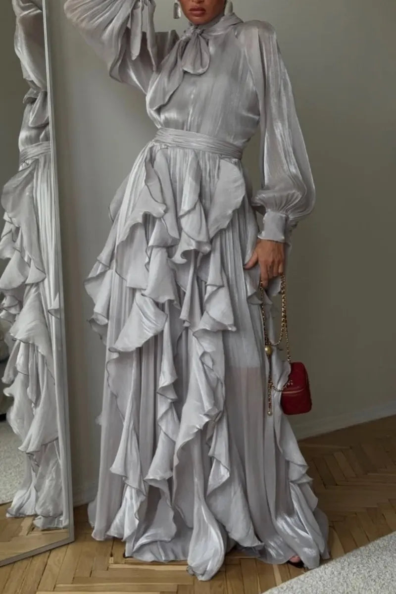 Silver Grey Tie Neck Ruffle Hem Chiffon Maxi Dress