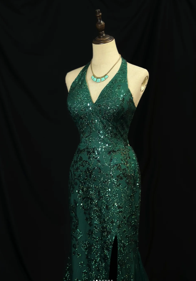 Chic V-Neck Mermaid Long Prom Dresses Sequins Tulle Dark Green Evening Dresses Appliques Sleeveless Christmas Dresses