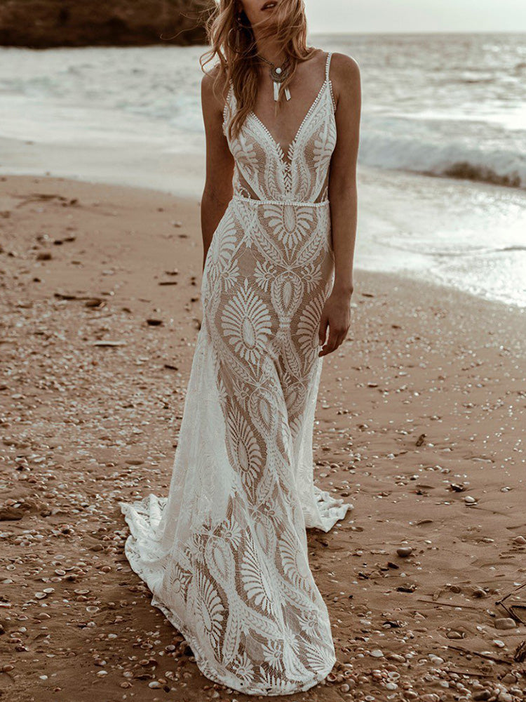 Spaghetti-Neck V-Neck Crochet Hollow Simple White Wedding Maxi Dress