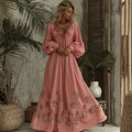 Elegant Rose Floral Pattern V-neck Long-sleeved Dress For Women
