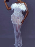 Bandeau Beaded Decorate Feathers See-Through Wrap Maxi Dress