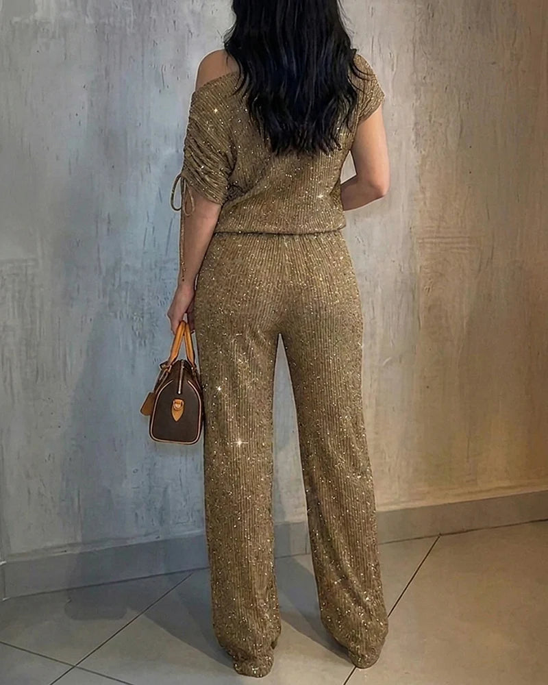 Stylish, Comfortable, And Sparkling Rhinestone Sleeveless Top And Pants Two-piece Set