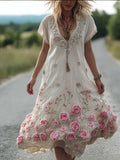 Ladies' Short-sleeved V-neck Vintage Dress With Sequin Embroidery Flowers