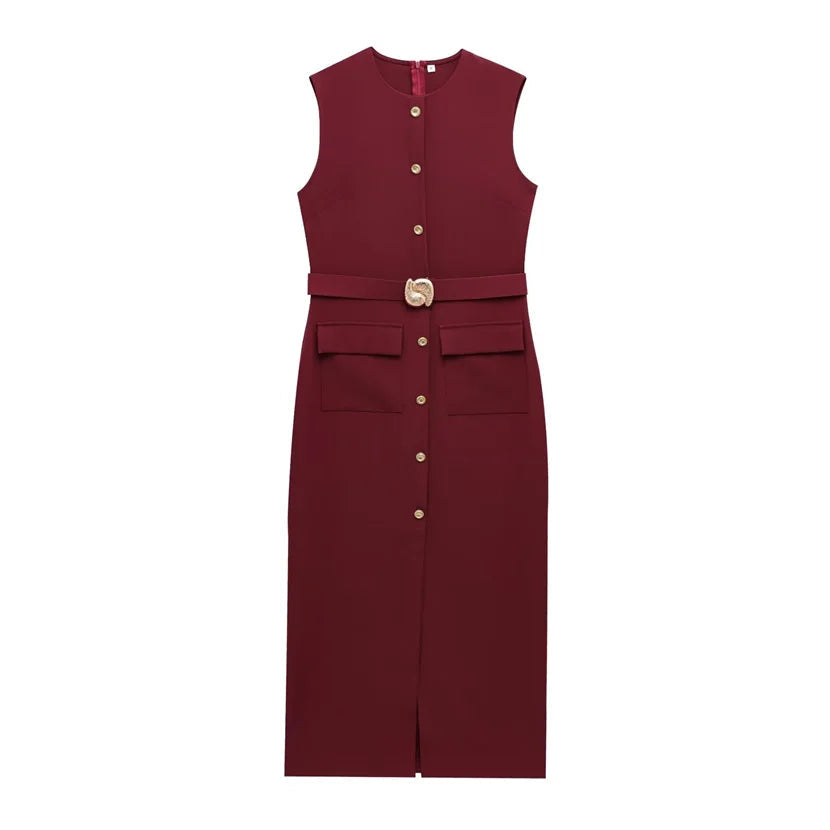 Marisse Belted Button Front Midi Dress – Sleeveless Smart Casual Dress in Black, Brown & Red Wine