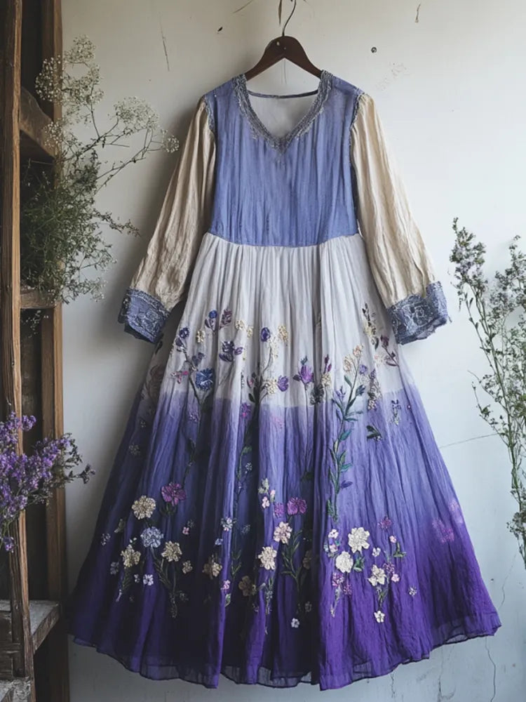 Vintage Boho Lavender Gradient Art Linen V-neck Maxi Dress