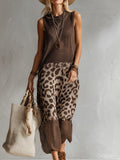 Elegant Brown Leopard Print Mesh Breathable Knit Sleeveless Maxi Dress