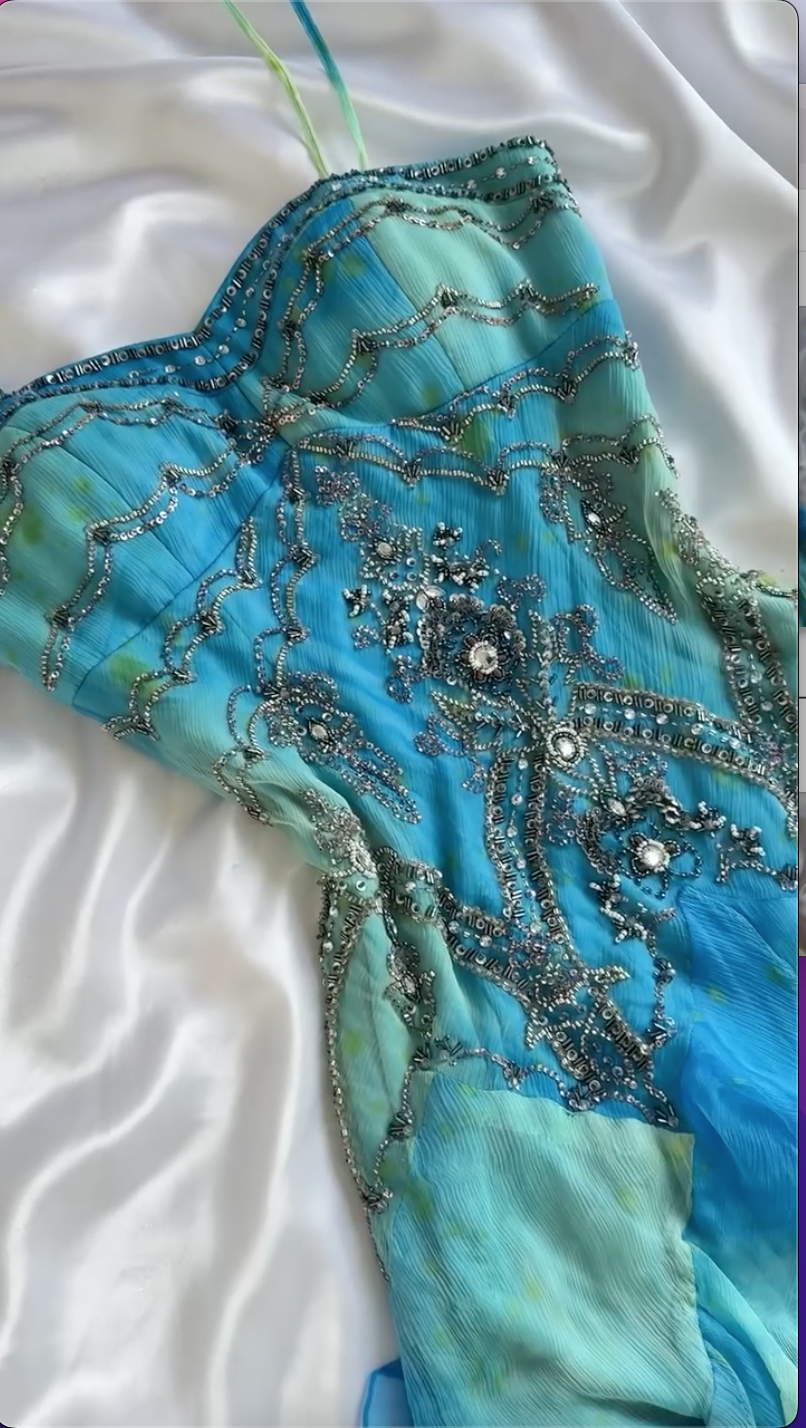 Blue Green Ombre Beaded Strappy Midi Dress