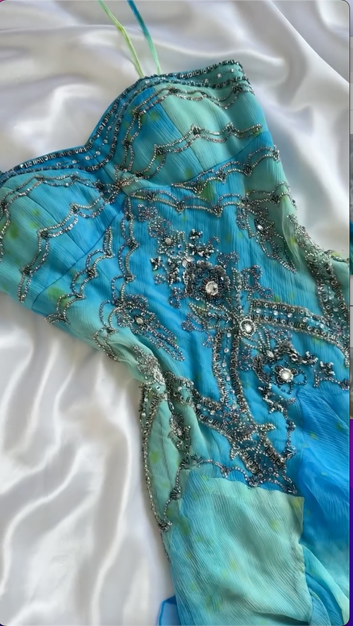 Blue Green Ombre Beaded Strappy Midi Dress