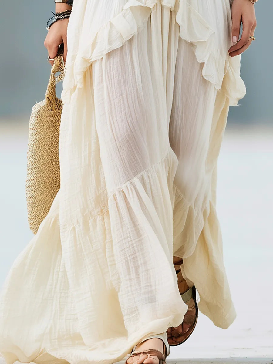 Romantic Ivory Tiered Ruffle Boho Maxi Dress