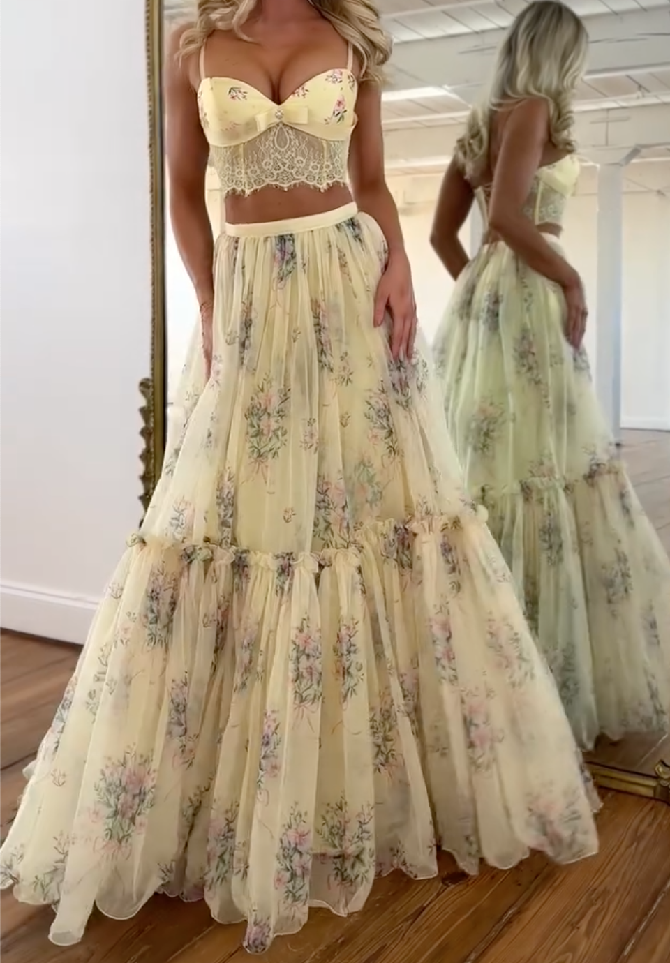 Yellow Floral Two Piece Maxi Dress, Spaghetti Strap Tiered Tulle Formal Dress