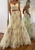 Yellow Floral Two Piece Maxi Dress, Spaghetti Strap Tiered Tulle Formal Dress