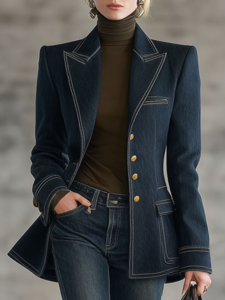 Fashion Retro Topstitched Navy Blue Denim Jacket