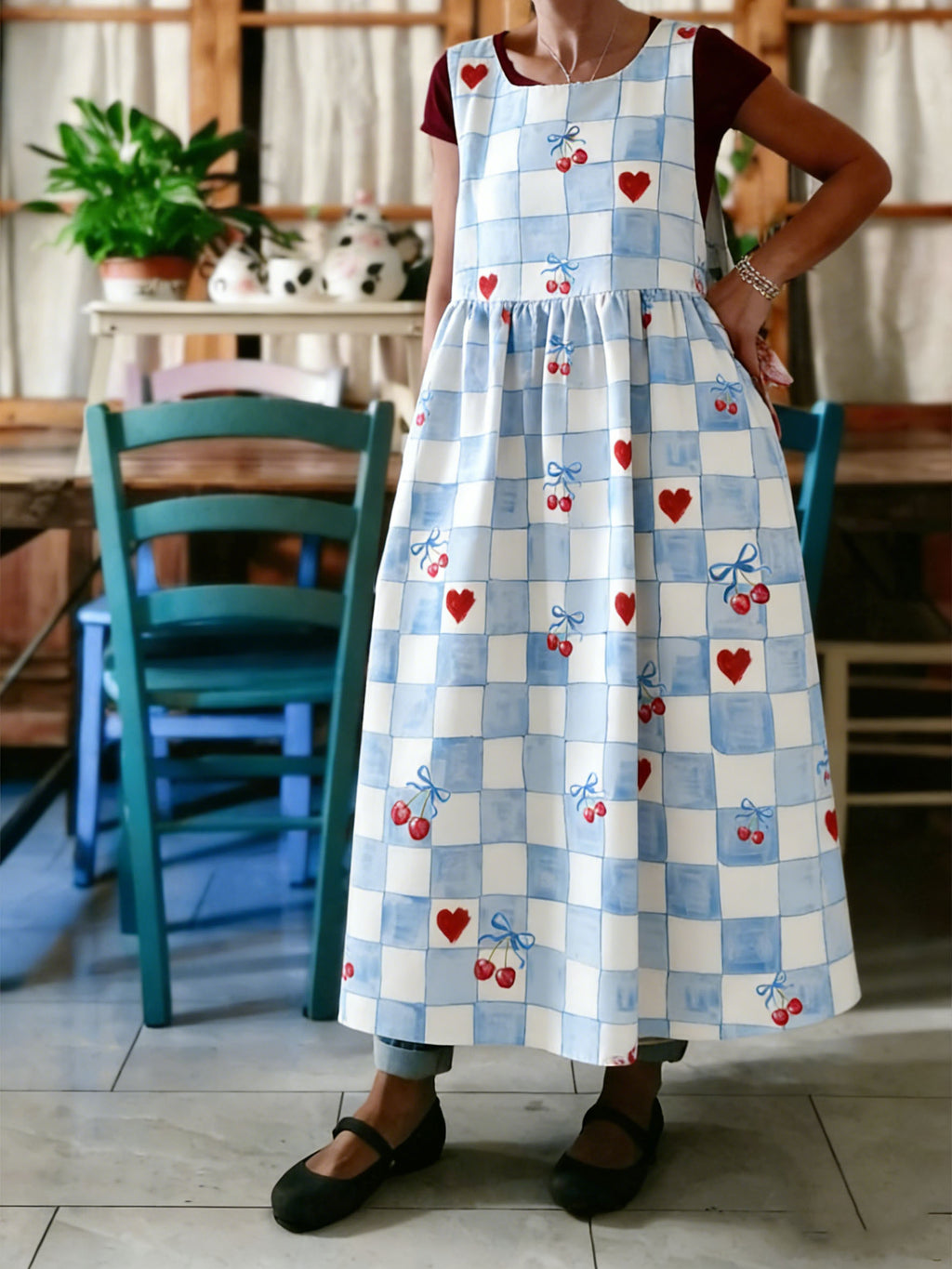 Cute Blue Checkerboard Apron with Hearts & Cherries