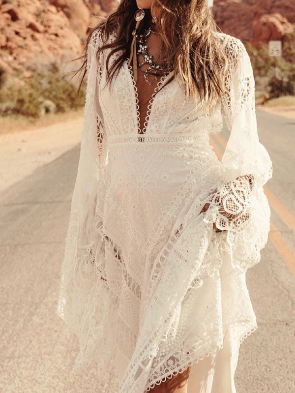 White Color Hollow Long Sleeve Bohemia Maxi Dress