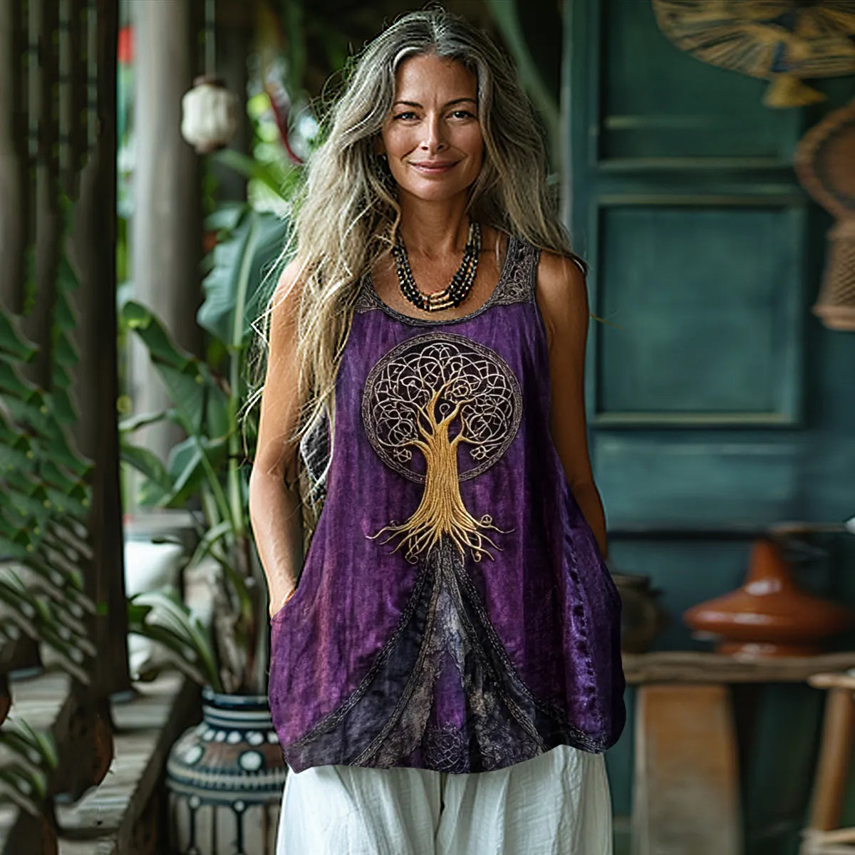 Vintage Tree Of Life Graphic Art Linen Suspender Sleeveless Top
