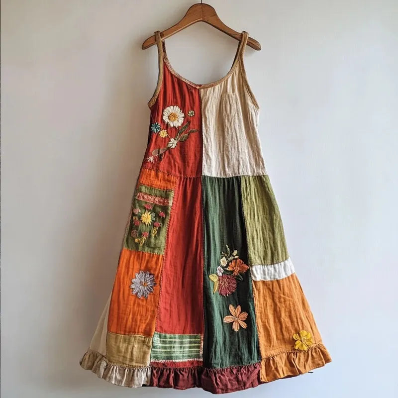Boho Floral Embroidered Patchwork Linen Blend Dress 0d56