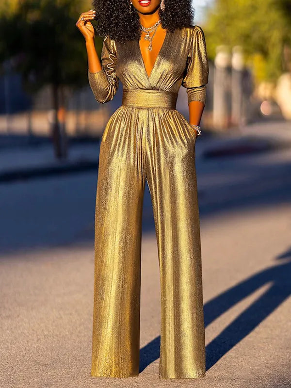 High Waisted Three-Quarter Sleeves Shiny Solid Color Deep V-Neck Jumpsuits Bottoms