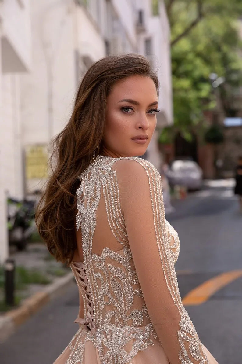 Powder Luxury Wedding Dress, Custom Bridal Gown for Bride, Long Train Wedding Dress, Silver Rhinestone Dress,Beige Wedding Dress Long Sleeve