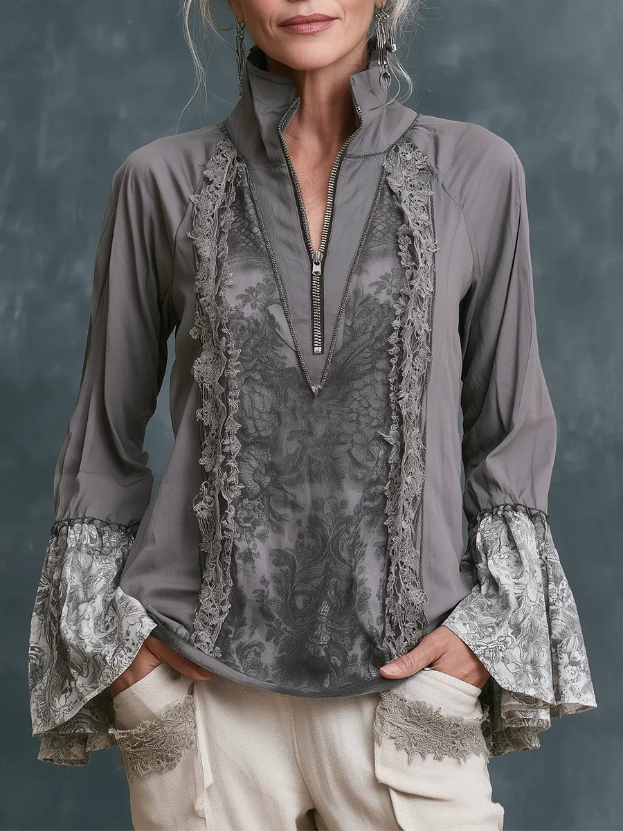 Vintage Artisan Stand Collar Embroidered Top