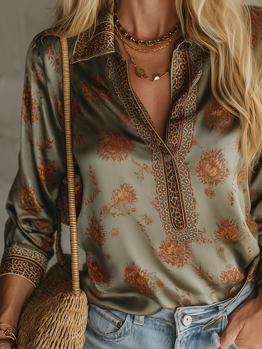 Vintage Chic Floral Print Deep V Satin Shirt Top