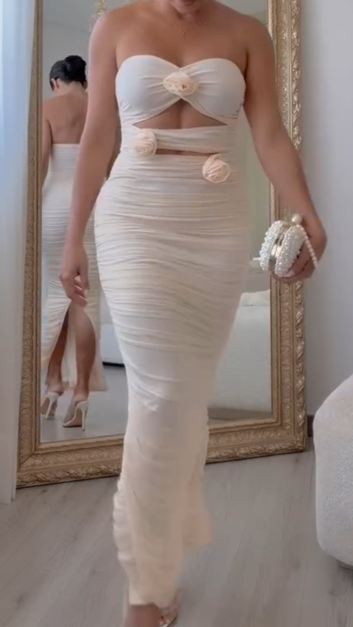 Women's Strapless Ruched Flower Slit Maxi Dress