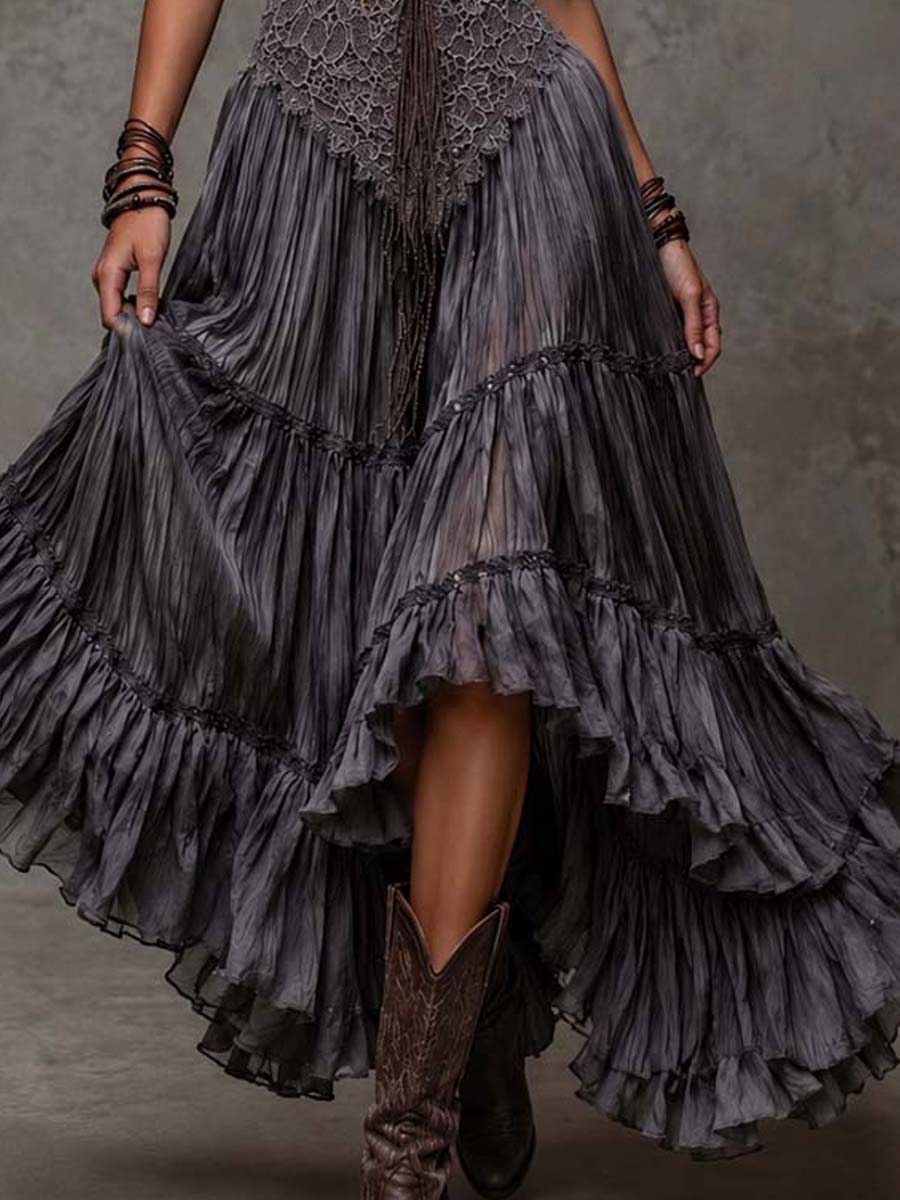 Dark Gray Lace Bodice Tiered Crinkle Maxi Dress