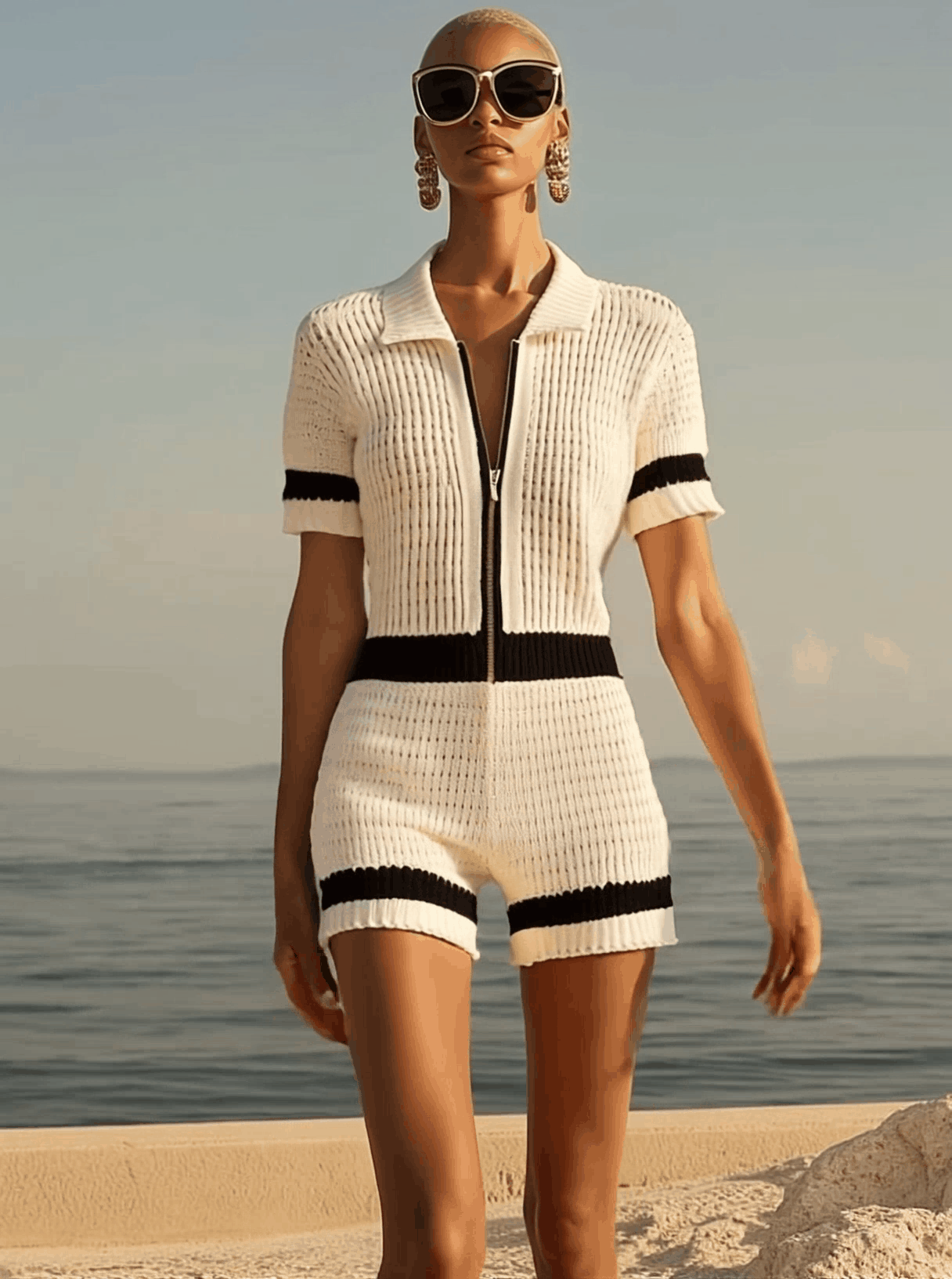 [24-hour shipping out]Breathable Fashion Front Zipper Short Sleeve Knit Shorts Jumpsuit