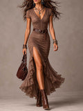 Mocha Brown Ruched Maxi Dress With Ruffled Slit