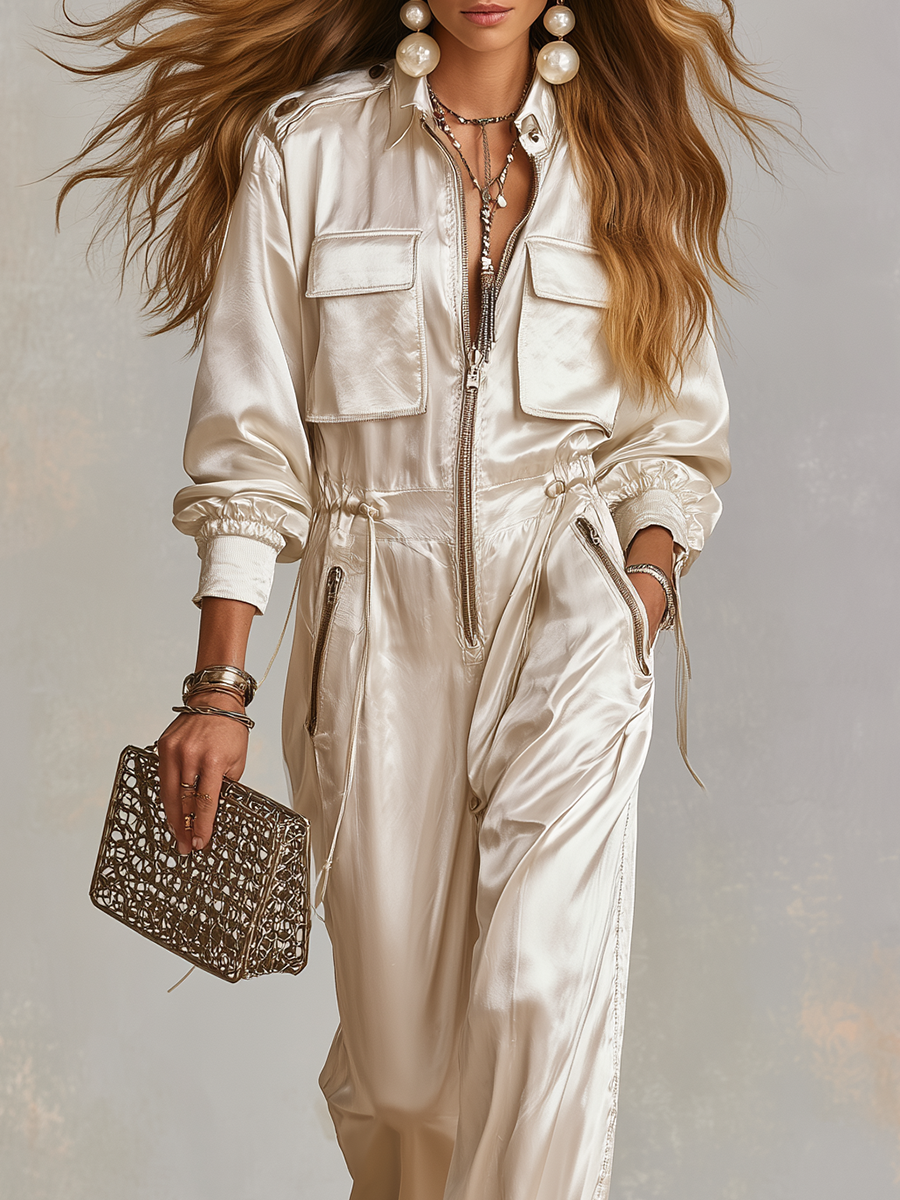 Bohemian White Satin Practical Pocket Zip-up Jumpsuit